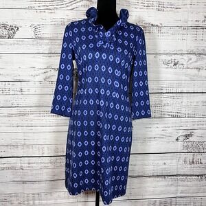 Tyler Boe Ruffle Collar Neck Knit Dress Womens XS Blue Geometric Retro Stretchy